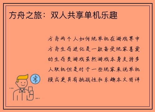 方舟之旅：双人共享单机乐趣