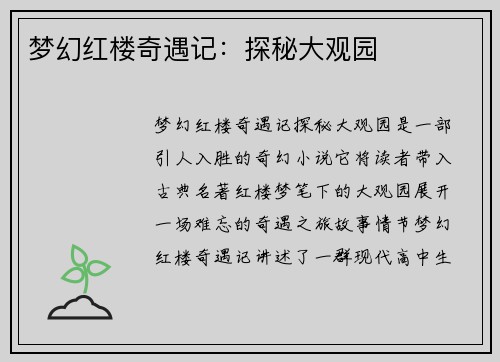 梦幻红楼奇遇记：探秘大观园